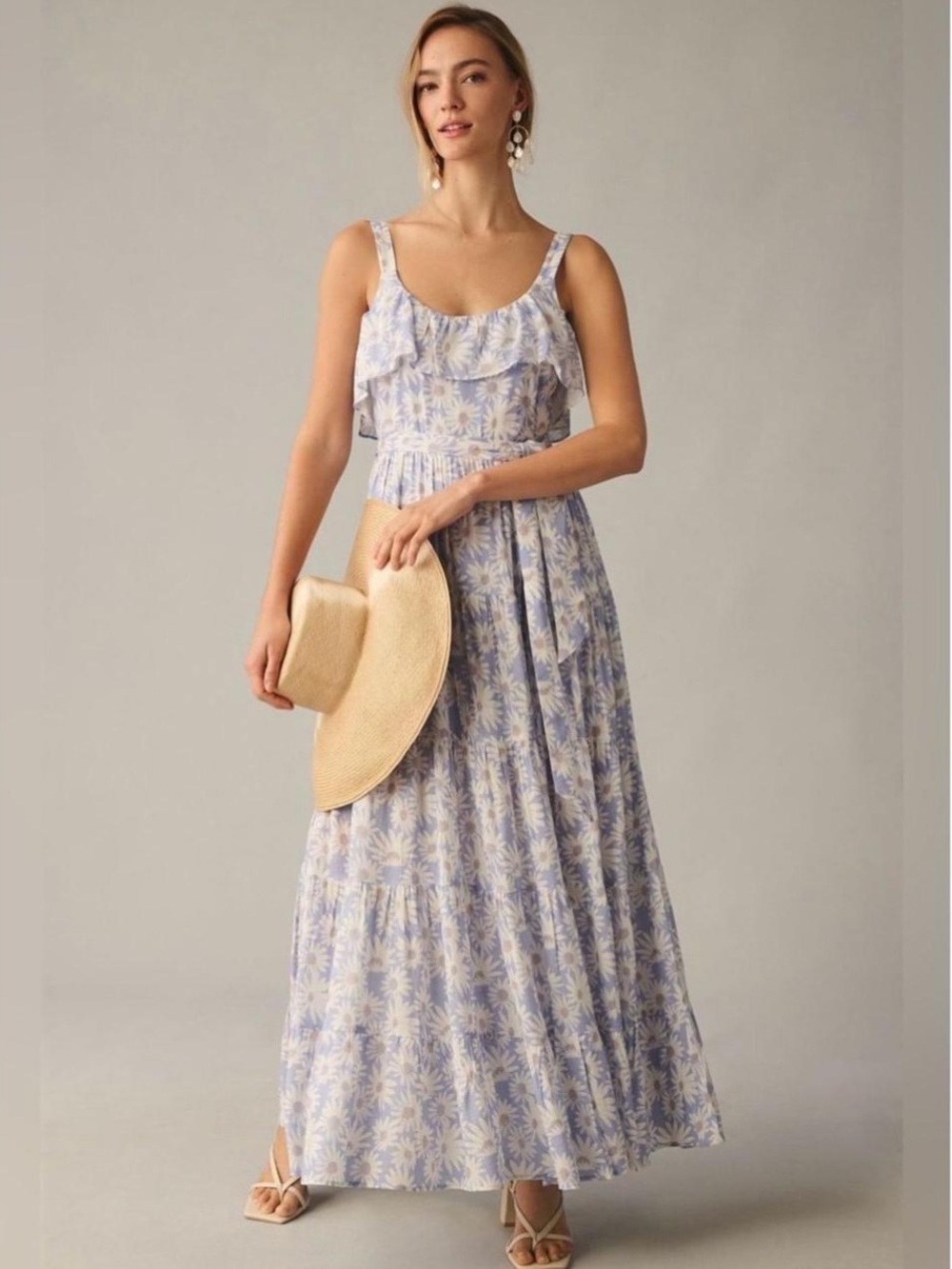 PAIGE Light Blue and White Floral Ruffle Maxi Dress